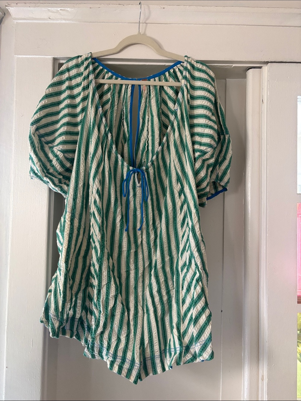Free People Green and White Striped Romper with Blue Trim